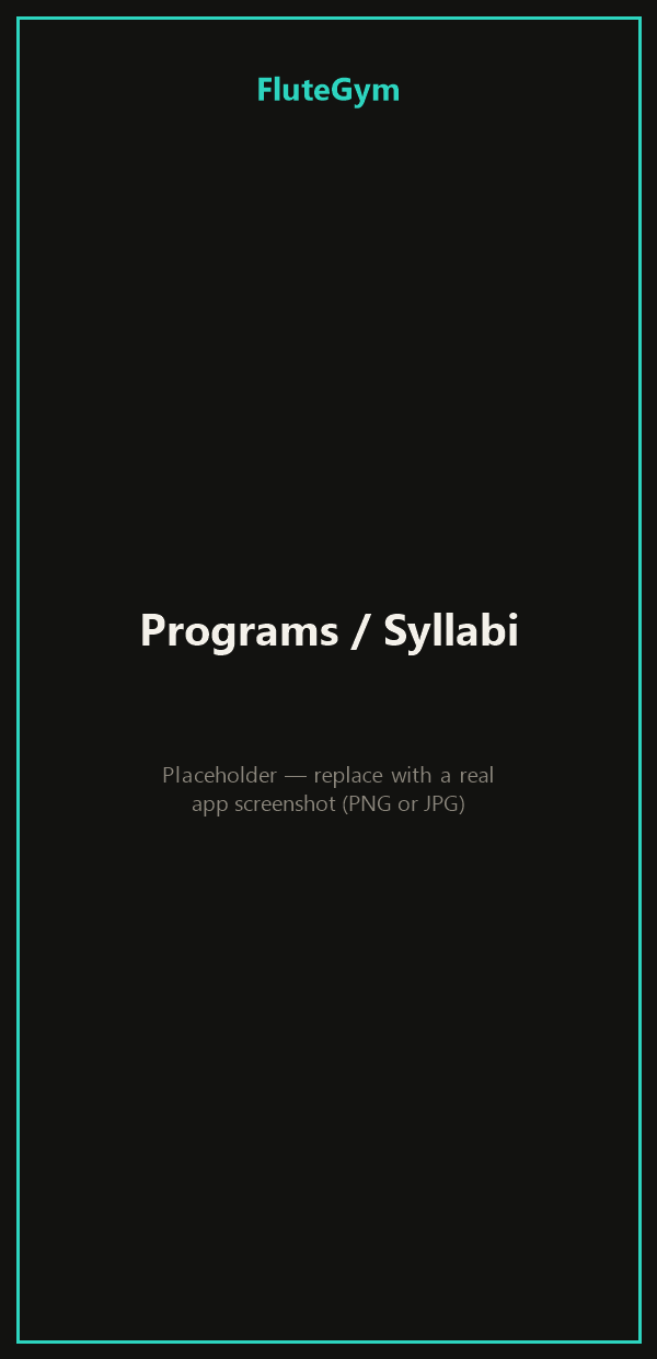 FluteGym Programs screen listing the RCM, ABRSM, and Trinity College London syllabi with progress bars.